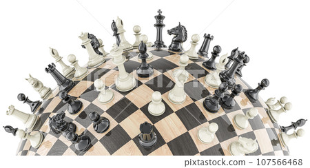 Chess board as checkered sphere with chess pieces. 3D rendering 107566468