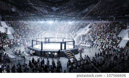 MMA octagon. Fighting Championship. MMA cage night. 3D render MMA arena. Fight night. View of the arena by spotlights. Full tribune MMA octagon. Fighting Championship. MMA cage night. 3D render MMA arena. Fight night. View of the arena by spotlights. Full tribune 107566606