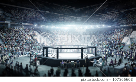MMA cage night. Fighting Championship. MMA octagon. Digital sport 3D. Fight night. Sport arena with fans and shining spotlights. Full tribune MMA cage night. Fighting Championship. MMA octagon. Digital sport 3D. Fight night. Sport arena with fans and shining spotlights. Full tribune 107566608