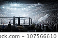 Fighting Championship. MMA octagon. Digital sport 3D. MMA cage night. Sport arena with fans and shining spotlights. Fight night. Full tribune 107566610