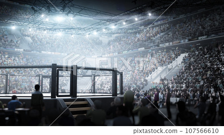 Fighting Championship. MMA octagon. Digital sport 3D. MMA cage night. Sport arena with fans and shining spotlights. Fight night. Full tribune Fighting Championship. MMA octagon. Digital sport 3D. MMA cage night. Sport arena with fans and shining spotlights. Fight night. Full tribune 107566610