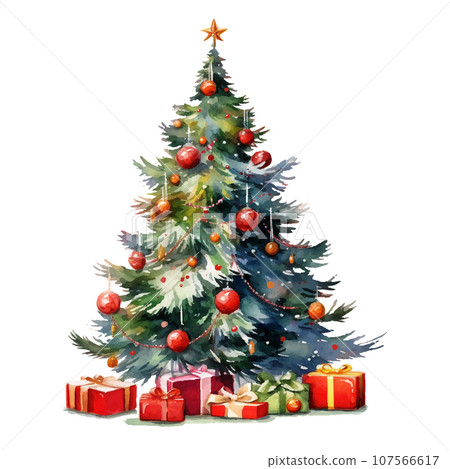 Watercolor vector illustration of Christmas tree and present box Watercolor vector illustration of Christmas tree and present box 107566617