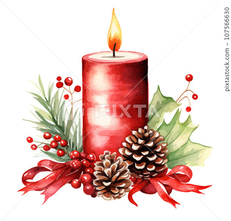 Watercolor illustration of red candle, pine cone and ribbon. Vector illustration. Watercolor illustration of red candle, pine cone and ribbon. Vector illustration. 107566630