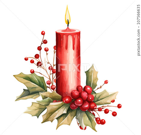 Watercolor vector illustration of red Christmas candle. Watercolor vector illustration of red Christmas candle. 107566635