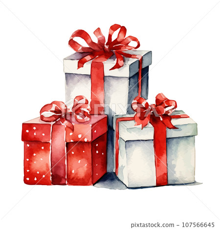 Red and white gift box with red ribbon. Watercolor illustration of gift box 107566645