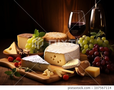 Cheese board with different varieties and glass of wine. AI 107567114