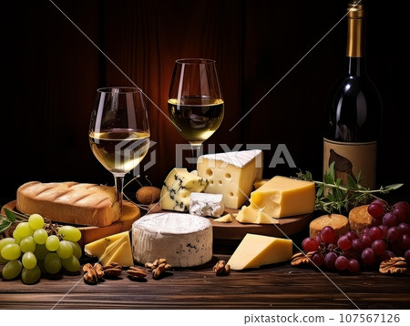 Cheese board with different varieties and two glasses of wine. AI 107567126