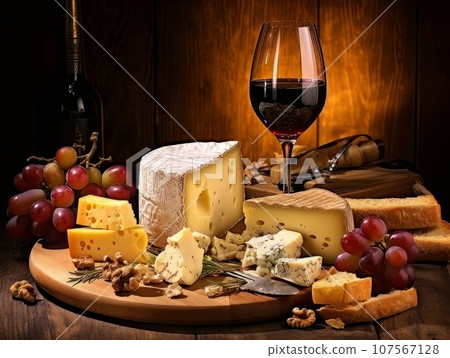 Cheese board with different varieties and glass of wine. AI 107567128