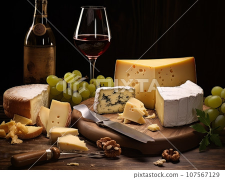 Cheese board with different varieties and glass of wine. AI 107567129
