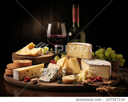 Cheese board with different varieties and glass of wine. AI 107567130