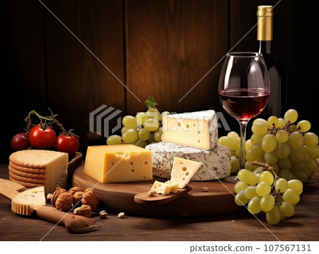 Cheese board with different varieties and glass of wine. AI Cheese board with different varieties and glass of wine. AI 107567131
