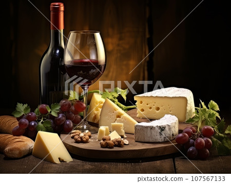 Cheese board with different varieties and glass of wine. AI Cheese board with different varieties and glass of wine. AI 107567133
