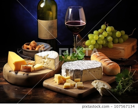 Cheese board with different varieties and glass of wine. AI Cheese board with different varieties and glass of wine. AI 107567134