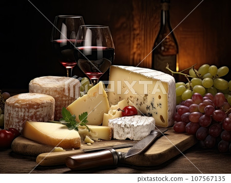 Cheese board with different varieties and two glasses of wine. AI Cheese board with different varieties and two glasses of wine. AI 107567135