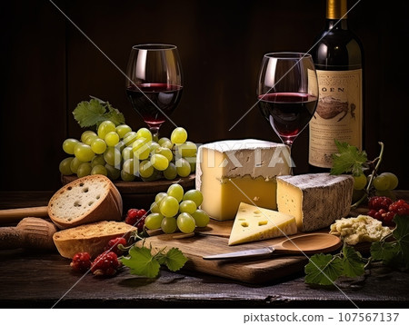 Cheese board with different varieties and two glasses of wine. AI 107567137
