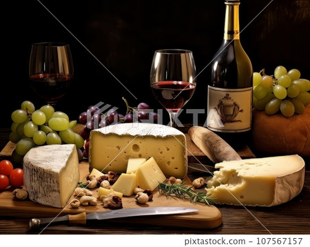 Cheese board with different varieties and glass of wine. AI Cheese board with different varieties and glass of wine. AI 107567157
