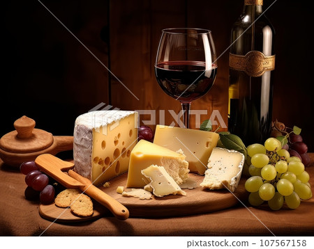 Cheese board with different varieties and glass of wine. AI Cheese board with different varieties and glass of wine. AI 107567158