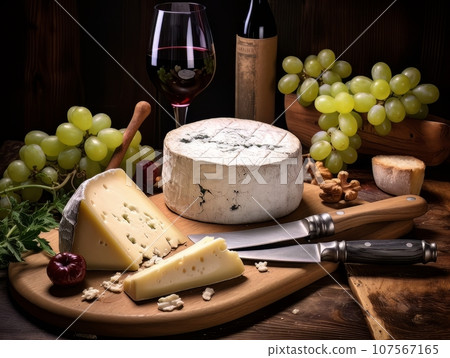 Cheese board with different varieties and glass of wine. AI Cheese board with different varieties and glass of wine. AI 107567165