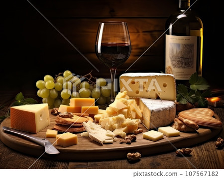 Cheese board with different varieties and glass of wine. AI Cheese board with different varieties and glass of wine. AI 107567182