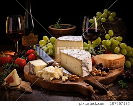 Cheese board with different varieties and glass of wine. AI Cheese board with different varieties and glass of wine. AI 107567185