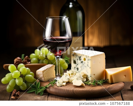 Cheese board with different varieties and glass of wine. AI Cheese board with different varieties and glass of wine. AI 107567188