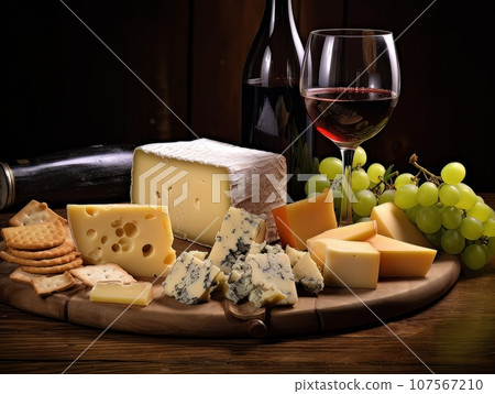 Cheese board with different varieties and glass of wine. AI Cheese board with different varieties and glass of wine. AI 107567210