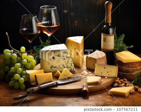 Cheese board with different varieties and two glasses of wine. AI Cheese board with different varieties and two glasses of wine. AI 107567211