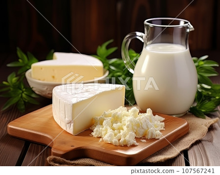Table with board of different types of fresh cheeses, milk and herbs. AI Table with board of different types of fresh cheeses, milk and herbs. AI 107567241