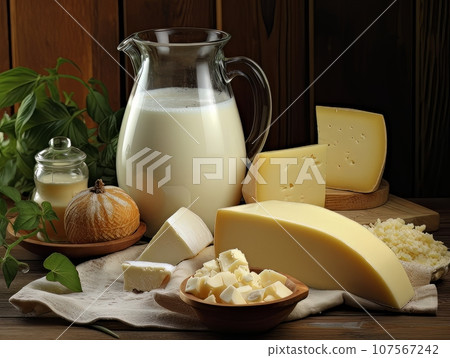 Table with board of different types of fresh cheeses, milk and herbs. AI 107567242