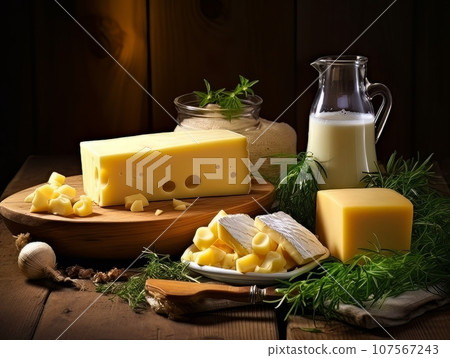 Table with board of different types of fresh cheeses, milk and herbs. AI 107567243