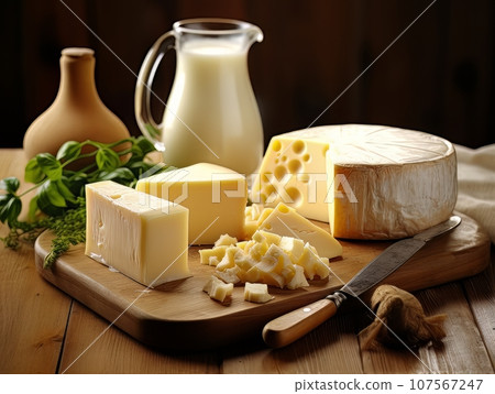 Table with board of different types of fresh cheeses, milk and herbs. AI Table with board of different types of fresh cheeses, milk and herbs. AI 107567247