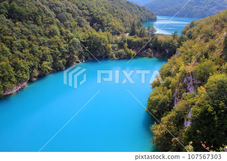 Plitvice Lakes National Park, a world natural heritage site in Croatia, the vivid blue of the lake seen from the Lower Lakes hill 107567303