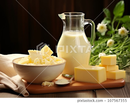 Table with board of different types of fresh cheeses, milk and herbs. AI Table with board of different types of fresh cheeses, milk and herbs. AI 107567355