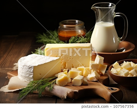 Table with board of different types of fresh cheeses, milk and herbs. AI 107567356