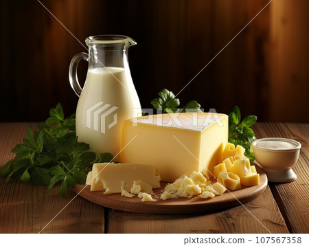 Table with board of different types of fresh cheeses, milk and herbs. AI 107567358