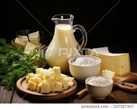 Table with board of different types of fresh cheeses, milk and herbs. AI 107567367