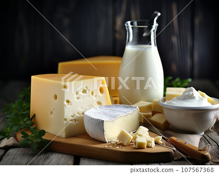 Table with board of different types of fresh cheeses, milk and herbs. AI Table with board of different types of fresh cheeses, milk and herbs. AI 107567368