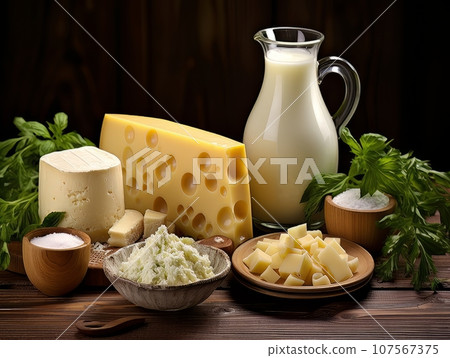 Table with board of different types of fresh cheeses, milk and herbs. AI 107567375