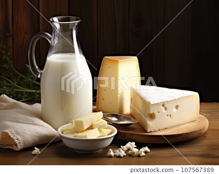 Table with board of different types of fresh cheeses, milk and herbs. AI Table with board of different types of fresh cheeses, milk and herbs. AI 107567389