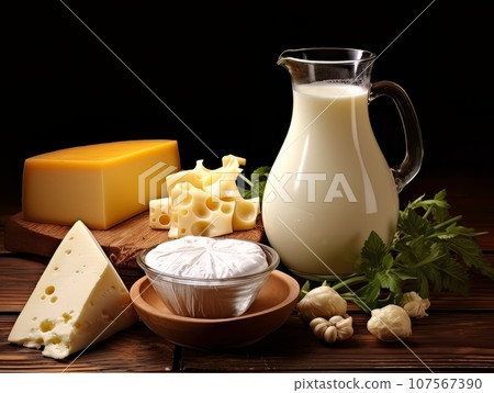 Table with board of different types of fresh cheeses, milk and herbs. AI 107567390