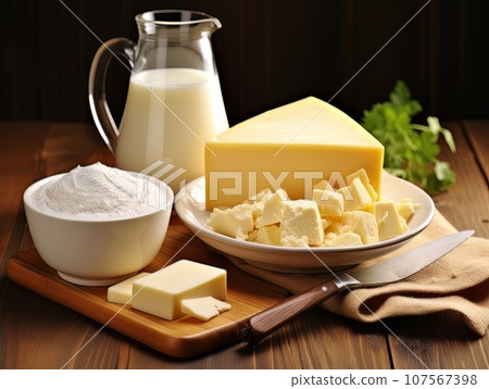 Table with board of different types of fresh cheeses, milk and herbs. AI Table with board of different types of fresh cheeses, milk and herbs. AI 107567398