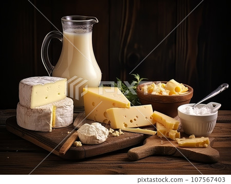 Table with board of different types of fresh cheeses and milk. AI Table with board of different types of fresh cheeses and milk. AI 107567403