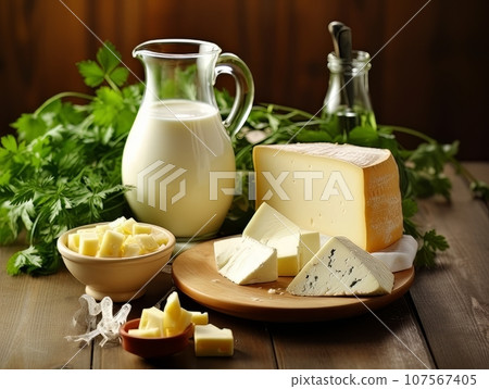 Table with board of different types of fresh cheeses, milk and herbs. AI 107567405