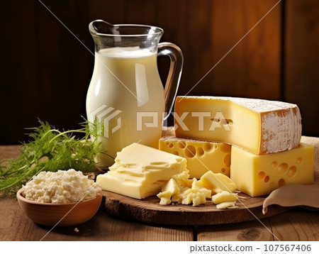 Table with board of different types of fresh cheeses, milk and herbs. AI Table with board of different types of fresh cheeses, milk and herbs. AI 107567406