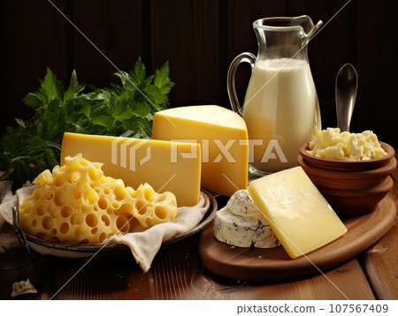 Table with board of different types of fresh cheeses, milk and herbs. AI 107567409