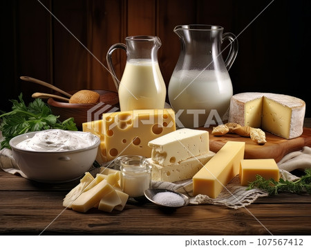 Table with board of different types of fresh cheeses, milk and herbs. AI 107567412