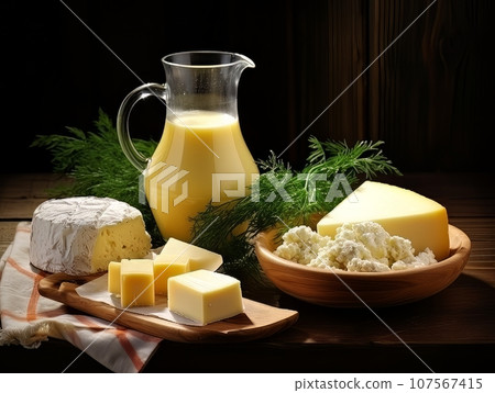 Table with board of different types of fresh cheeses, milk and herbs. AI 107567415
