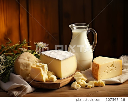 Table with board of different types of fresh cheeses, milk and herbs. AI Table with board of different types of fresh cheeses, milk and herbs. AI 107567416