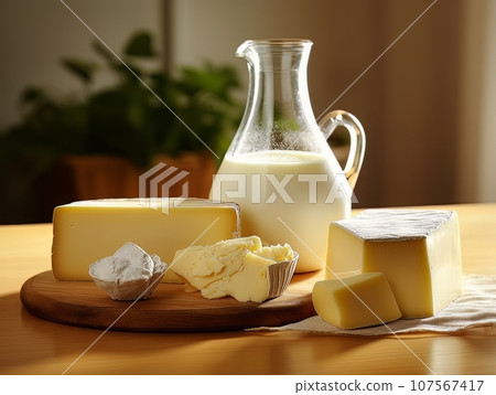 Table with board of different types of fresh cheeses, milk and herbs. AI 107567417