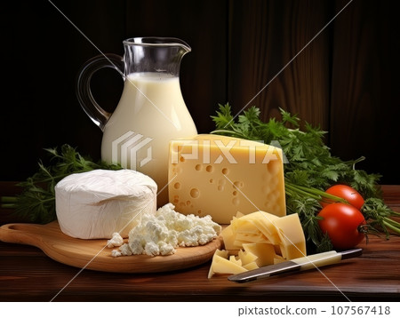 Table with board of different types of fresh cheeses, milk, tomatoes and herbs. AI 107567418